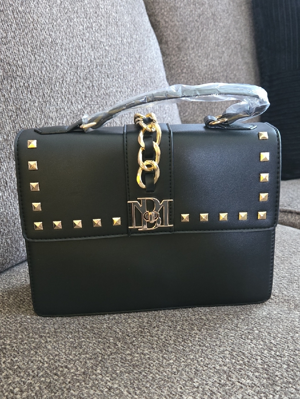 Designer-Inspired Black Studded Top-Handle Bag Gold Accent & Detachable Strap